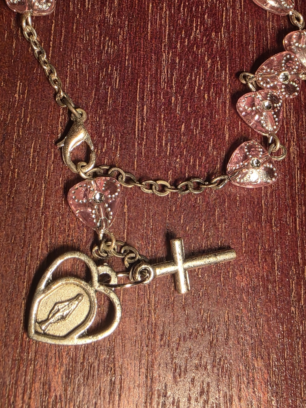 Delicate Pink Heart Rosary Bracelet with Cross Charm